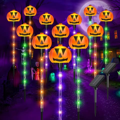 12 Pack Halloween Outdoor Decorations Solar Pathway Stake Pumpkin
