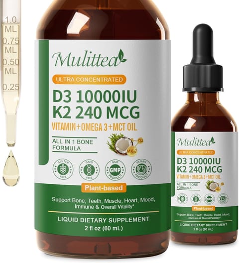 2 Pack Organic Vitamin D3 K2 Liquid 10000 IU w/ Vegan Omega-3 &