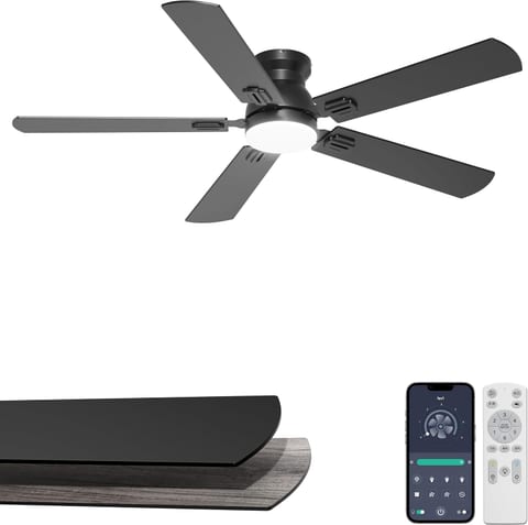 52'' Black Flush Mount Ceiling Fan with Lights for Bedroom