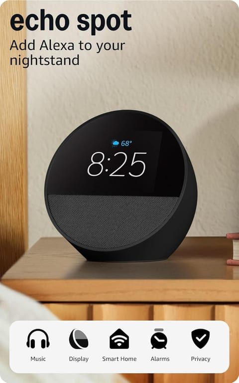 Amazon Echo Spot (newest model), Great for nightstands, offices and