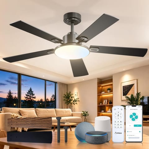 Amico 52 Inch Smart Ceiling Fans with Lights, Downrod Mount, Black |