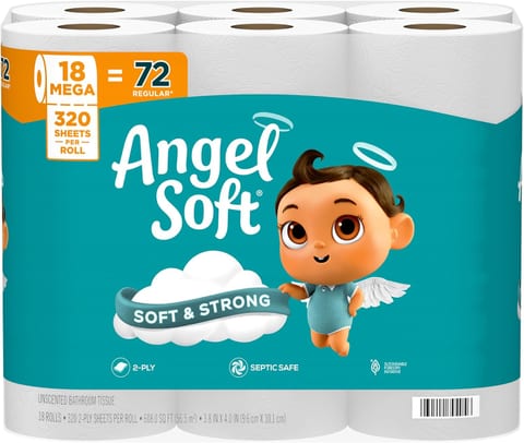 Angel Soft Toilet Paper, 18 Mega Rolls = 72 Regular Rolls, Soft and