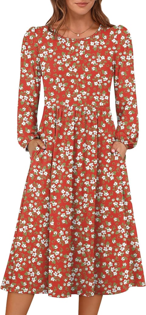 ANRABESS Women Long Sleeve Casual Midi Dress | Crewneck Flowy A-Line