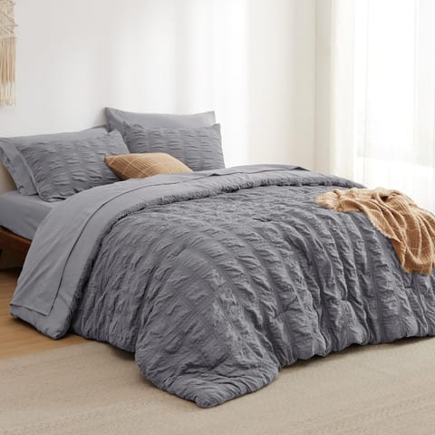 Bedsure Bed in a Bag Queen - 7 Pieces Plaid Seersucker Bedding