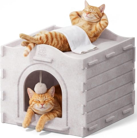 Cat Bed Cave for Indoor Cats: New Felt Cat Bed with Fluffy Ball