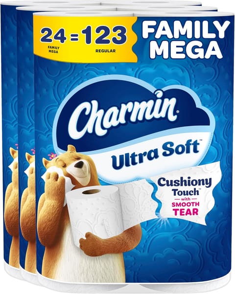 Charmin Ultra Soft Cushiony Touch Toilet Paper, 24 Family Mega = 123 Regular Rolls, White