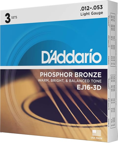 D'Addario EJ16-3D Phosphor Bronze Acoustic Guitar Strings 12-53, 3