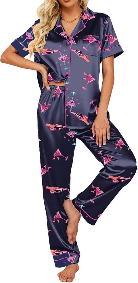 Ekouaer 2 Piece Satin Short Sleeve Pajamas Set Button Down Sleepwear