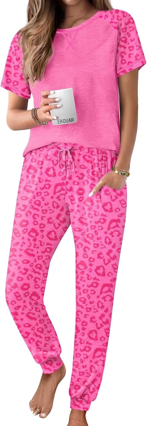 Ekouaer Pajamas for Women Set Short Sleeve PJ Set 2 Piece Jogger Pants