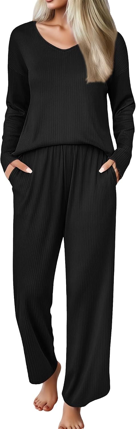 Ekouaer Womens Pajama Set Ribbed Knit PJs Comfy Long Sleeve Top and