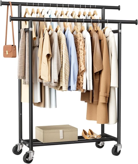 HYSEYY Clothes Rack, Double Rods Rolling Clothing Rack for Hanging