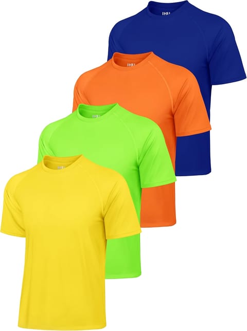 IHU 4 Pack Mens Rash Guard Swim Shirts Short Sleeve UPF 50+ Neon
