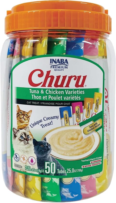 INABA Churu Cat Treats, Lickable, Squeezable Creamy Purée Cat Treat with Green Tea Extract & Taurine