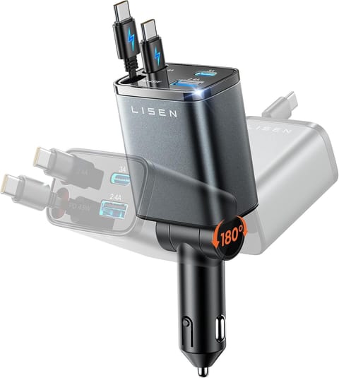 LISEN Upgraded Dual Type-C Cables Retractable Car Charger USB C Fast
