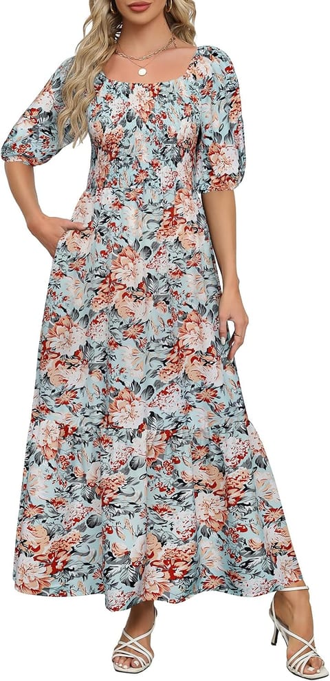 Lyrur Summer Boho Smocked Maxi Dresses for Women Casual Puff Sleeve