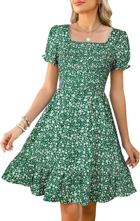 Lyrur Women's Floral Square Neck Smocked Junior Knee Length Summer