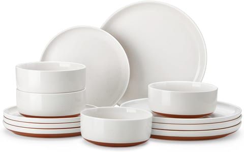 MALACASA Plates and Bowls Sets, 12 Pieces Modern Stoneware Dinnerware