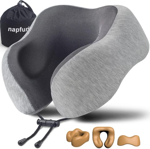 napfun Neck Pillow for Traveling, Upgraded Travel Neck Pillow for Airplane 100% Pure Memory Foam Travel Pillow for
