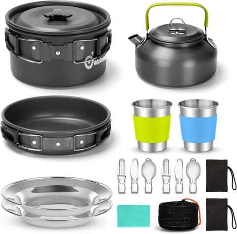 Odoland 15pcs Camping Cookware Mess Kit, Lightweight Pot Pan Kettle