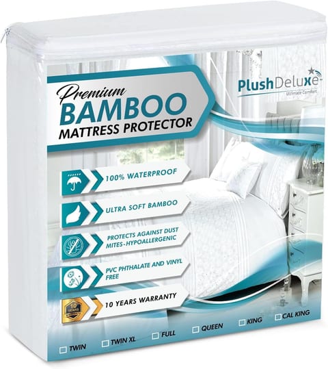 PlushDeluxe Bamboo Waterproof Mattress Protector, Queen Size, Ultra