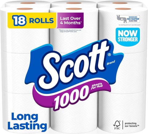 Scott 1000 Toilet Paper, 18 Rolls, 1000 Sheets per Roll