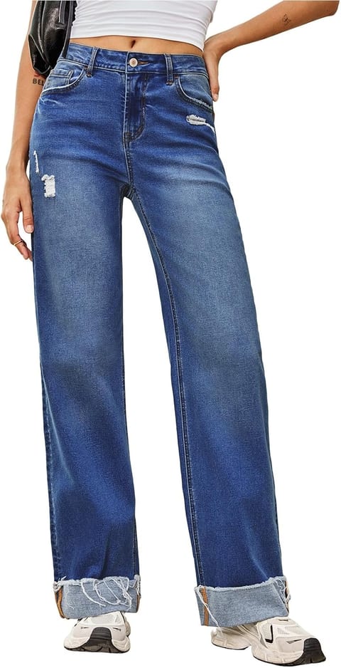 Sidefeel Women's Wide Leg Jeans High Waisted Stretchy Distressed