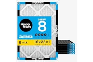Simply 16x25x1 Air Filter, MERV 8, 6 Pack, For Home AC Furnace & HVAC