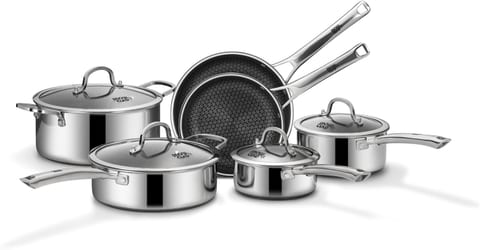 SNOWCLAD Pots and Pans Set Non Stick, 10 Pcs Hybrid Stainless Steel