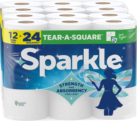 Sparkle Tear-A-Square Paper Towels, 12 Double Rolls - Strong 2-Ply