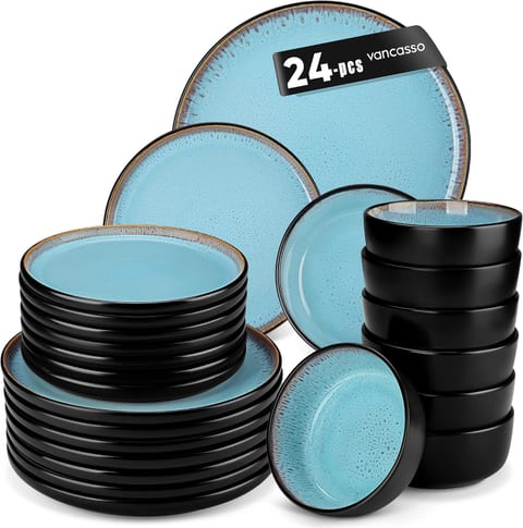 vancasso Plates and Bowls Sets, 24 Pieces Stoneware Dinnerware Sets