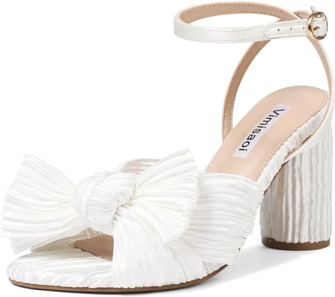 VIMISAOI Bow Pleated Heeled Sandals Women Open Toe Block Chunky Heel