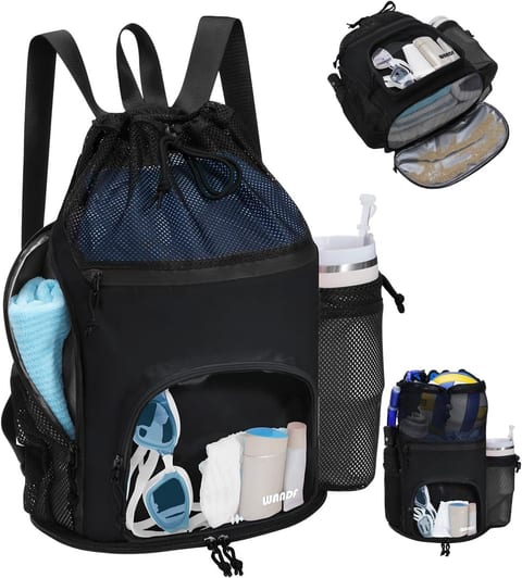 WANDF Swim Bag with Wet Pockets, Mesh Beach Backpack for Pool and Gym