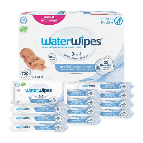 WaterWipes Sensitive+ Newborn & Baby Wipes, 3-In-1 Cleans, Cares