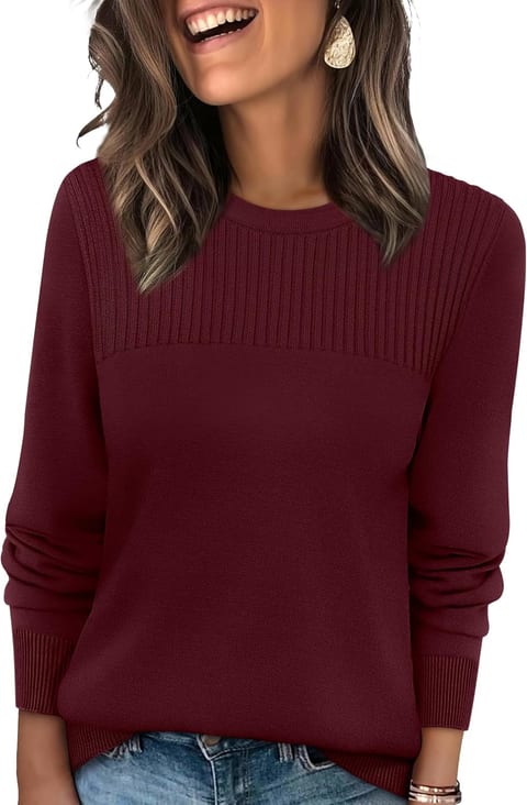 XIEERDUO Sweaters for Women Long Sleeve Shirts Round Neck Ribbed Knit